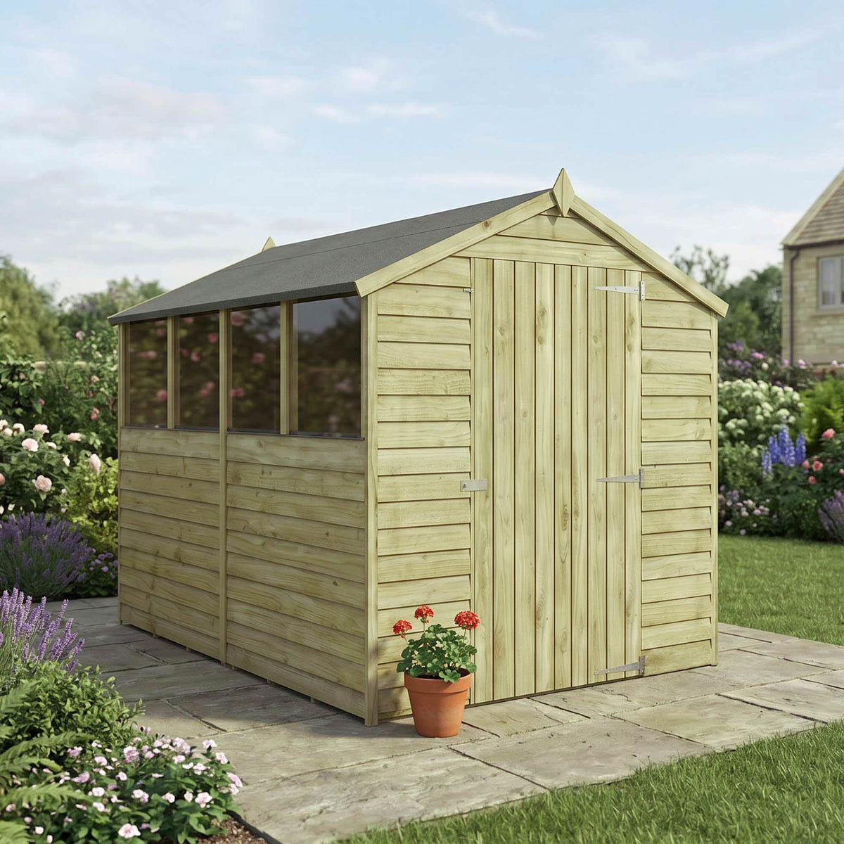 8 x 6 Overlap Apex - Single Door - With Windows