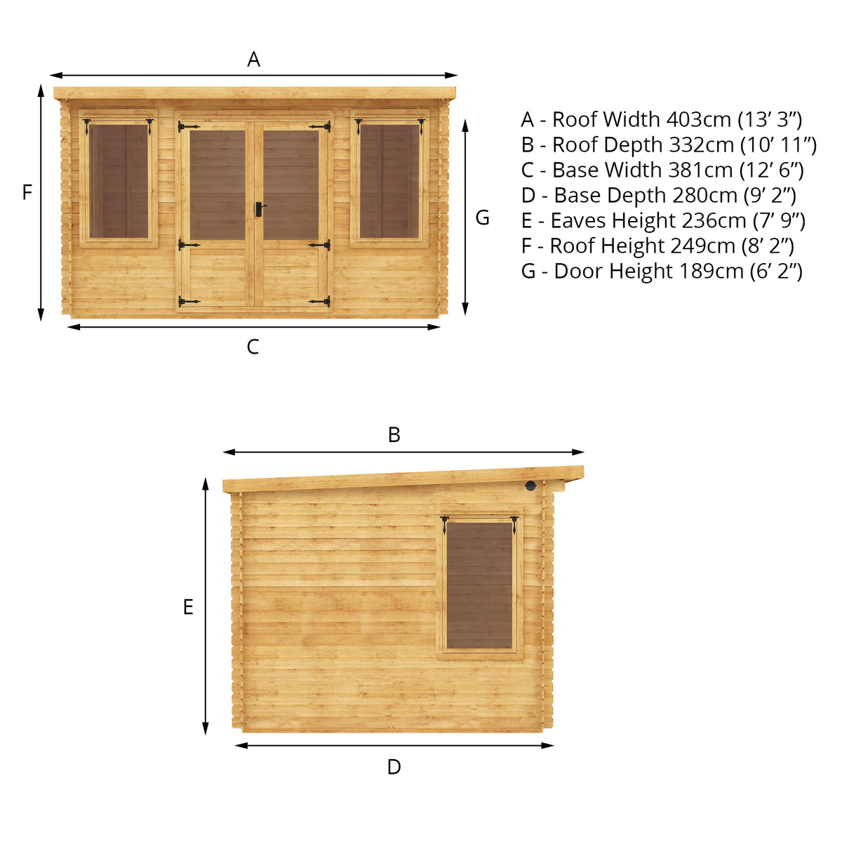 4m x 3m Pent Log Cabin - 19mm
