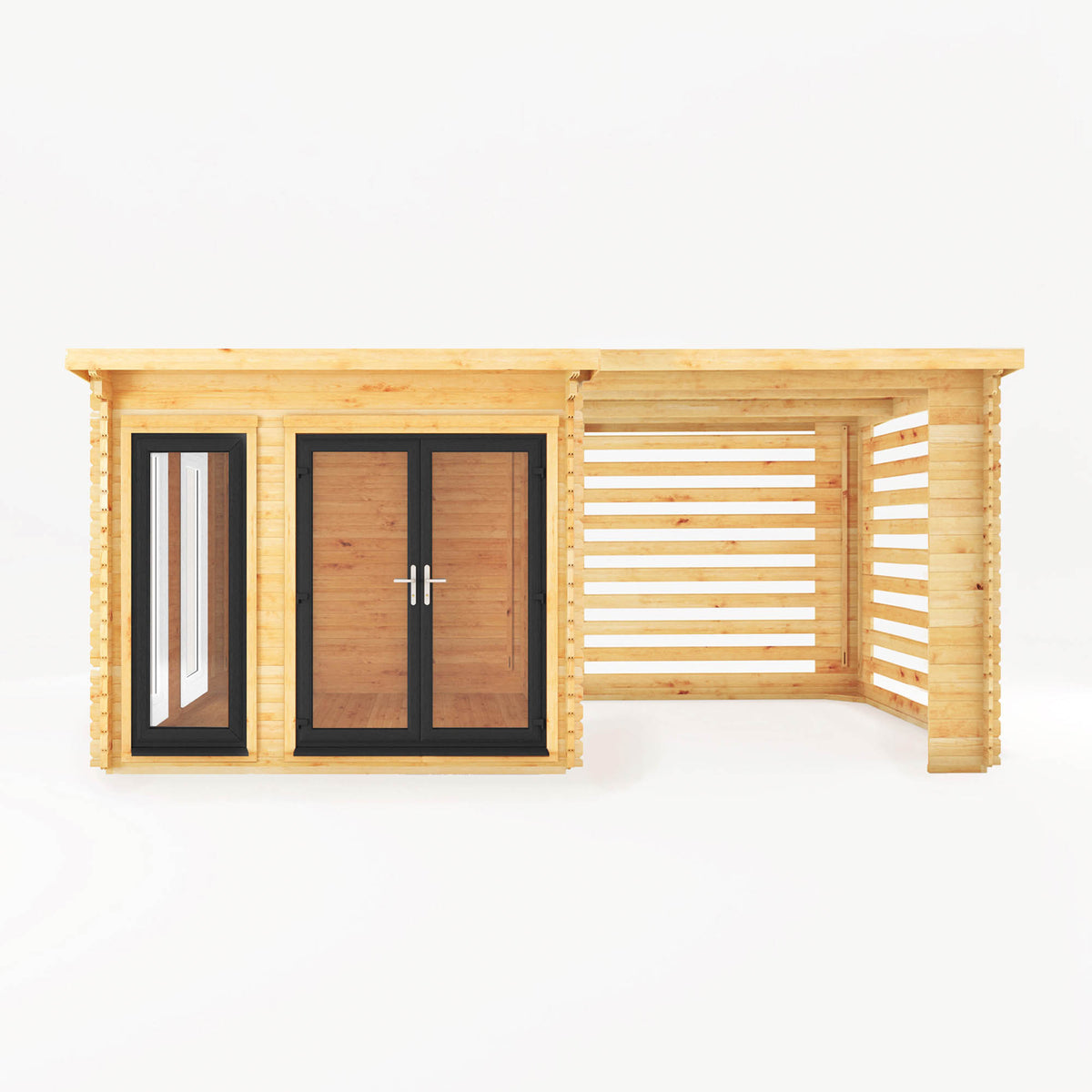 6m x 3m Studio Pent Log Cabin With Slatted Area - 44mm (UPVC Windows & Door) - Grey