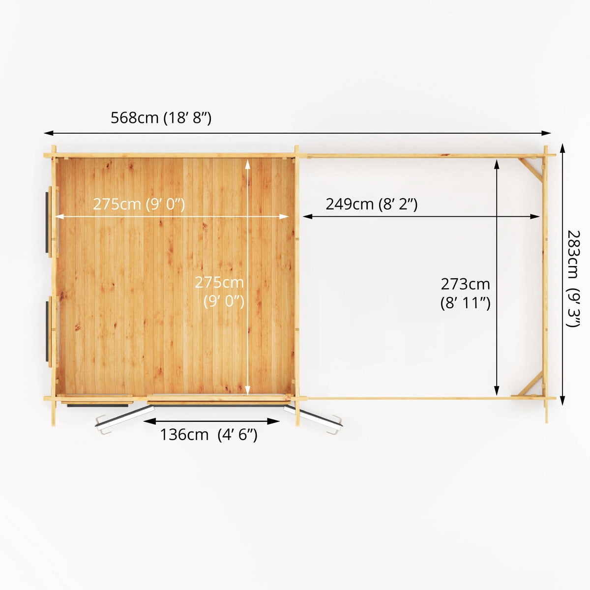 6m x 3m Studio Pent Log Cabin With Slatted Area - 44mm (UPVC Windows & Door) - Grey