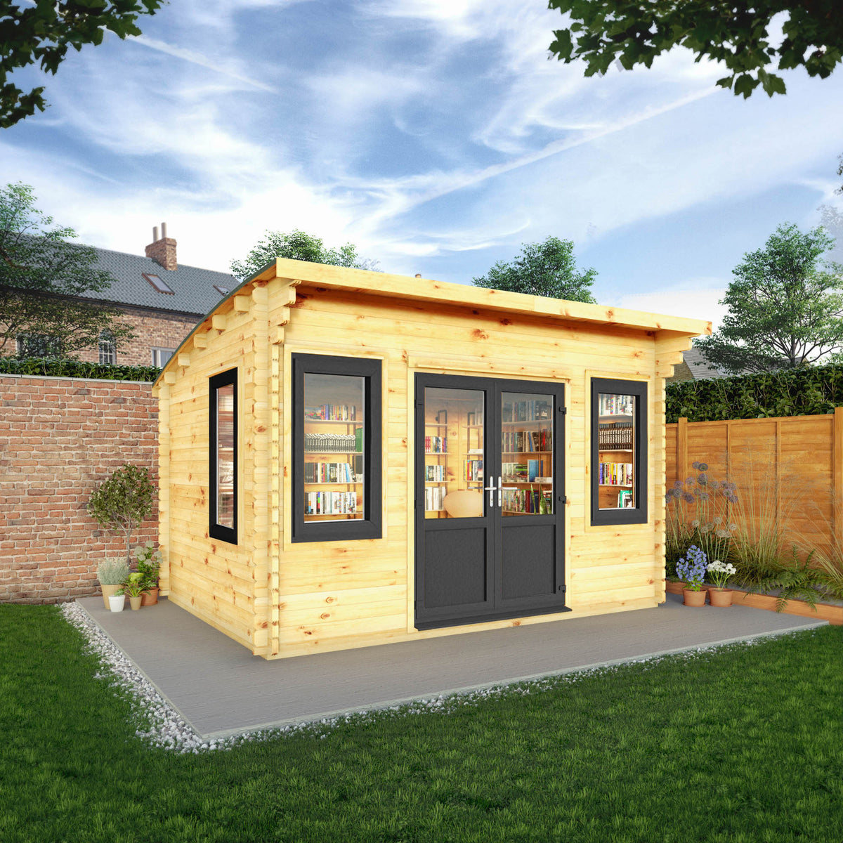 4m x 3m Curved Roof Log Cabin - 44mm (UPVC Windows & Door) - Grey