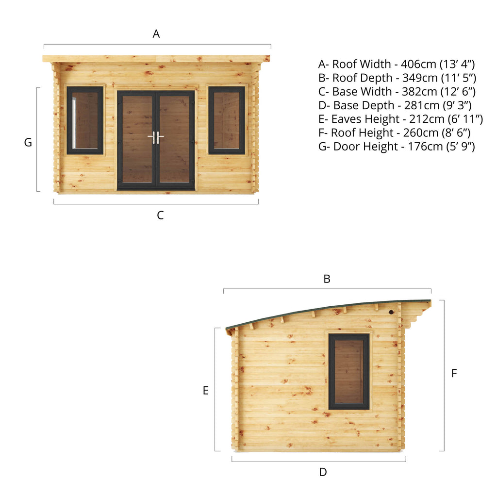 4m x 3m Curved Roof Log Cabin - 44mm (UPVC Windows & Door) - Grey