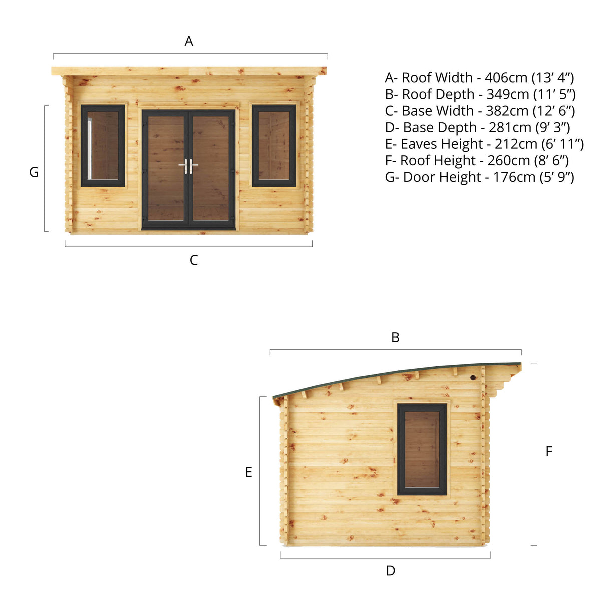 4m x 3m Curved Roof Log Cabin - 44mm (UPVC Windows & Door) - Grey