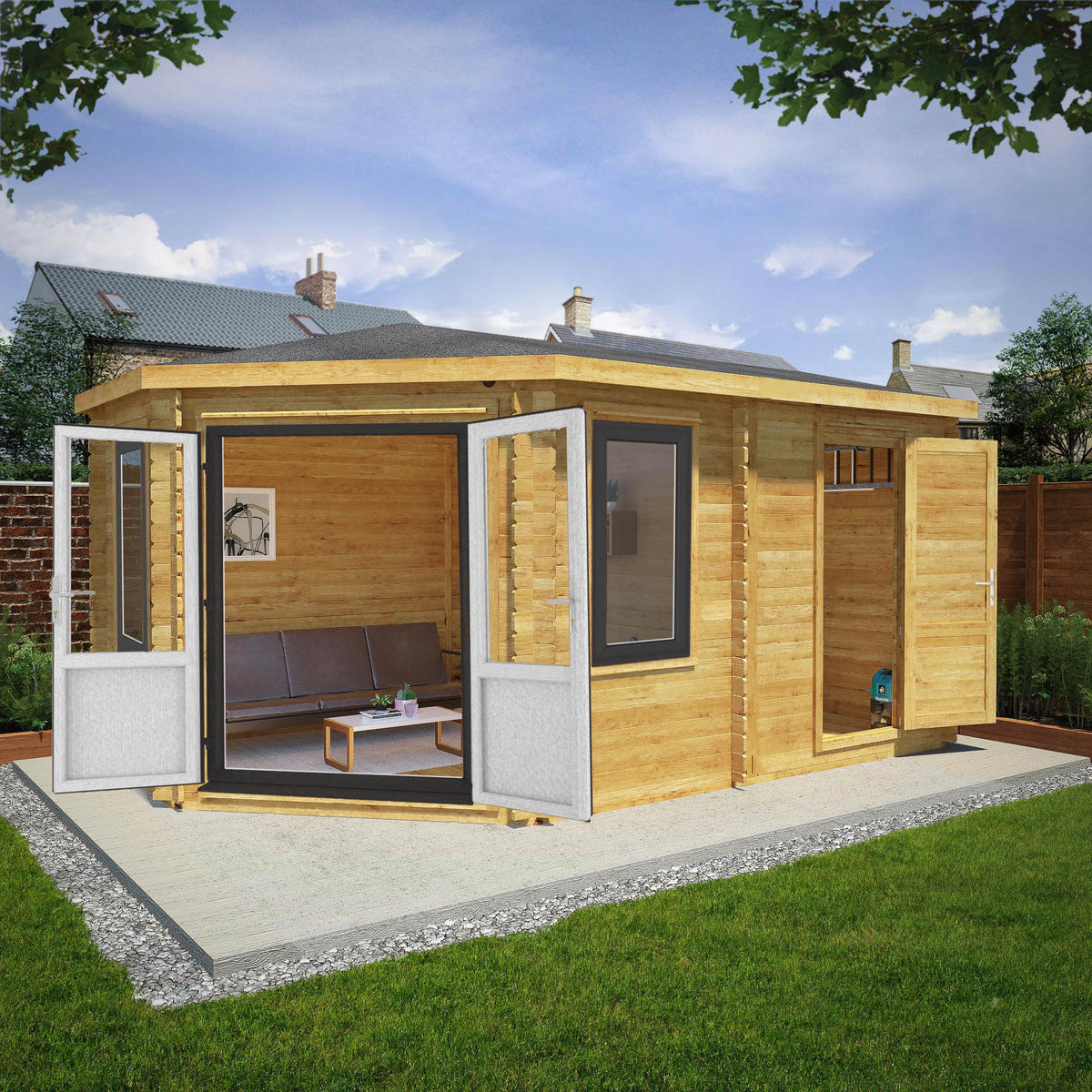 5m x 3m Corner Lodge Log Cabin With Side Shed - 44mm (UPVC Windows & Door) - Grey