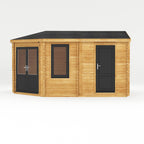 5m x 3m Corner Lodge Log Cabin With Side Shed - 44mm (UPVC Windows & Door) - Grey
