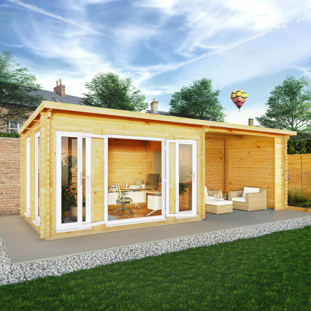 7m x 3m Studio Pent Log Cabin With Patio Area - 44mm (UPVC Windows & Door) - White