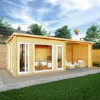 7m x 3m Studio Pent Log Cabin With Patio Area - 44mm (UPVC Windows & Door) - White