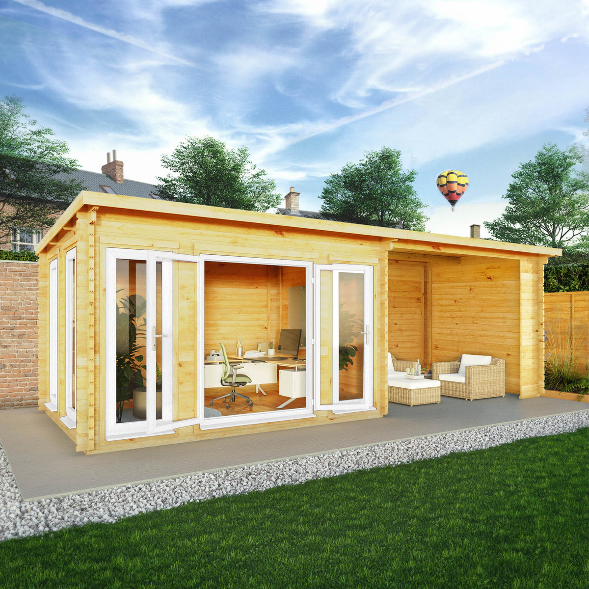 7m x 3m Studio Pent Log Cabin With Patio Area - 44mm (UPVC Windows & Door) - White