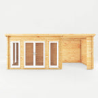7m x 3m Studio Pent Log Cabin With Patio Area - 44mm (UPVC Windows & Door) - White