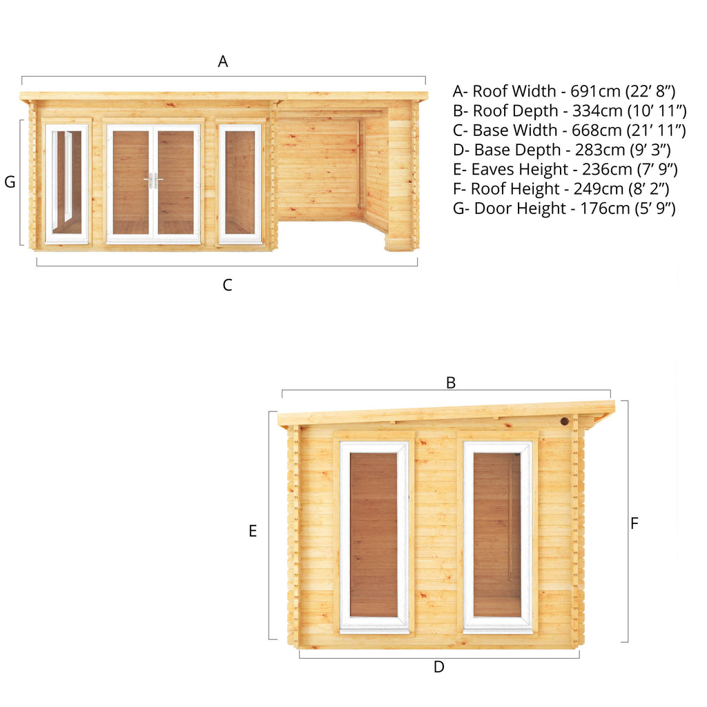 7m x 3m Studio Pent Log Cabin With Patio Area - 44mm (UPVC Windows & Door) - White