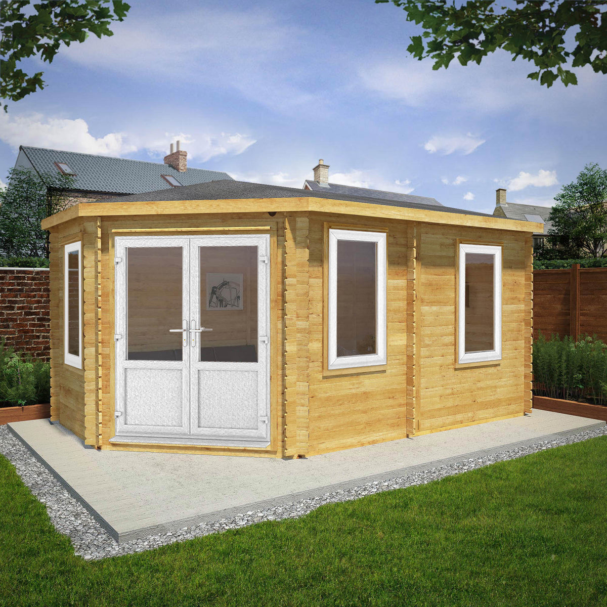 5m x 3m Corner Lodge Log Cabin - 44mm (UPVC Windows & Door) - White