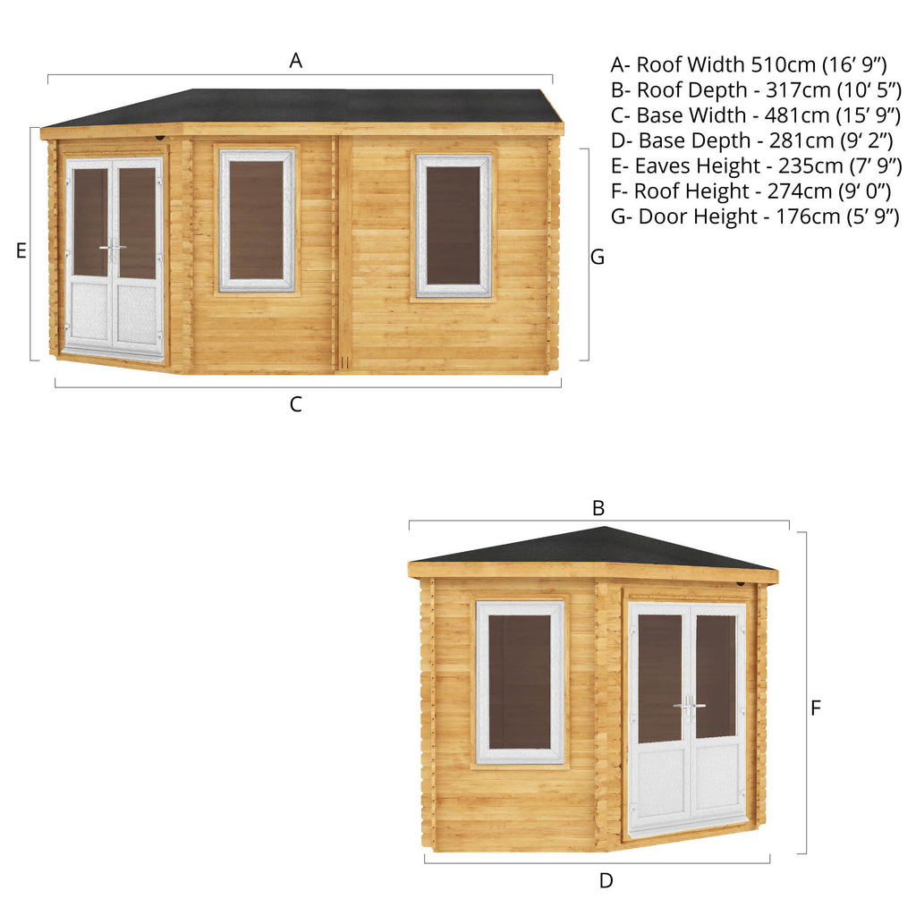 5m x 3m Corner Lodge Log Cabin - 44mm (UPVC Windows & Door) - White