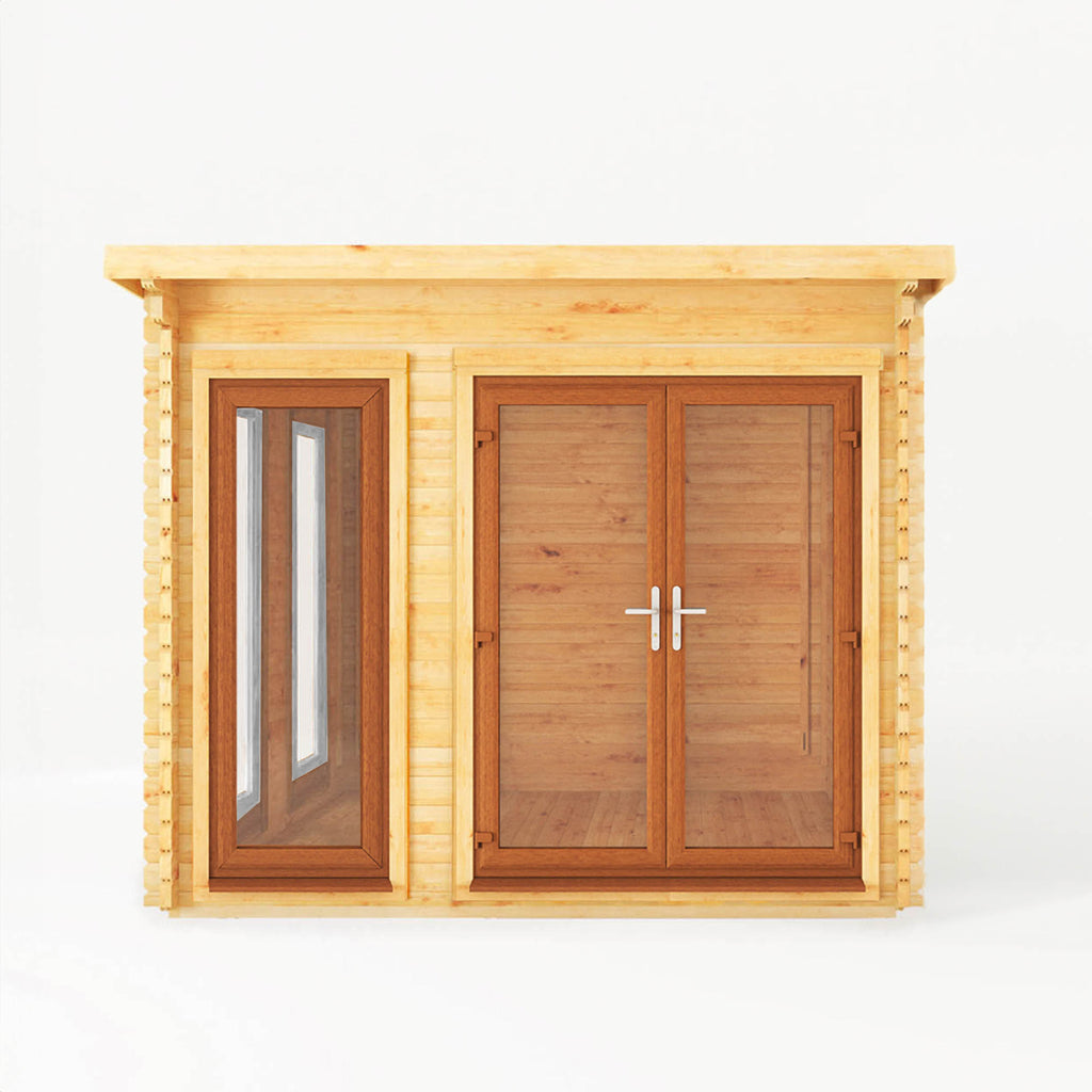 3m x 3m Studio Pent Log Cabin - 44mm - (UPVC Windows & Doors) - Oak