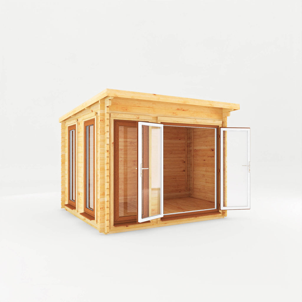 3m x 3m Studio Pent Log Cabin - 44mm - (UPVC Windows & Doors) - Oak
