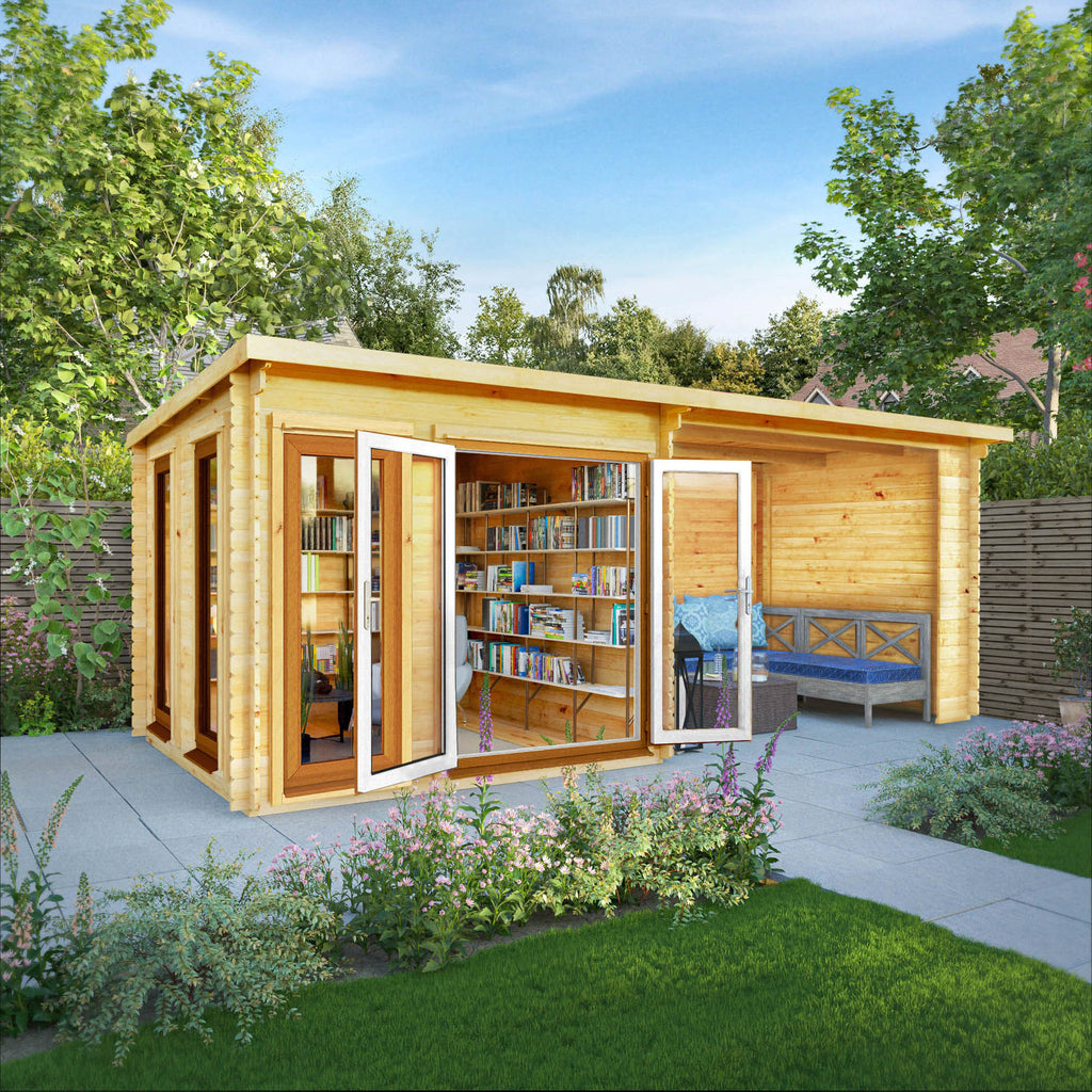 6m x 3m Studio Pent Log Cabin With Patio Area - 44mm (UPVC Windows & Door) - Oak