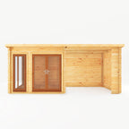 6m x 3m Studio Pent Log Cabin With Patio Area - 44mm (UPVC Windows & Door) - Oak