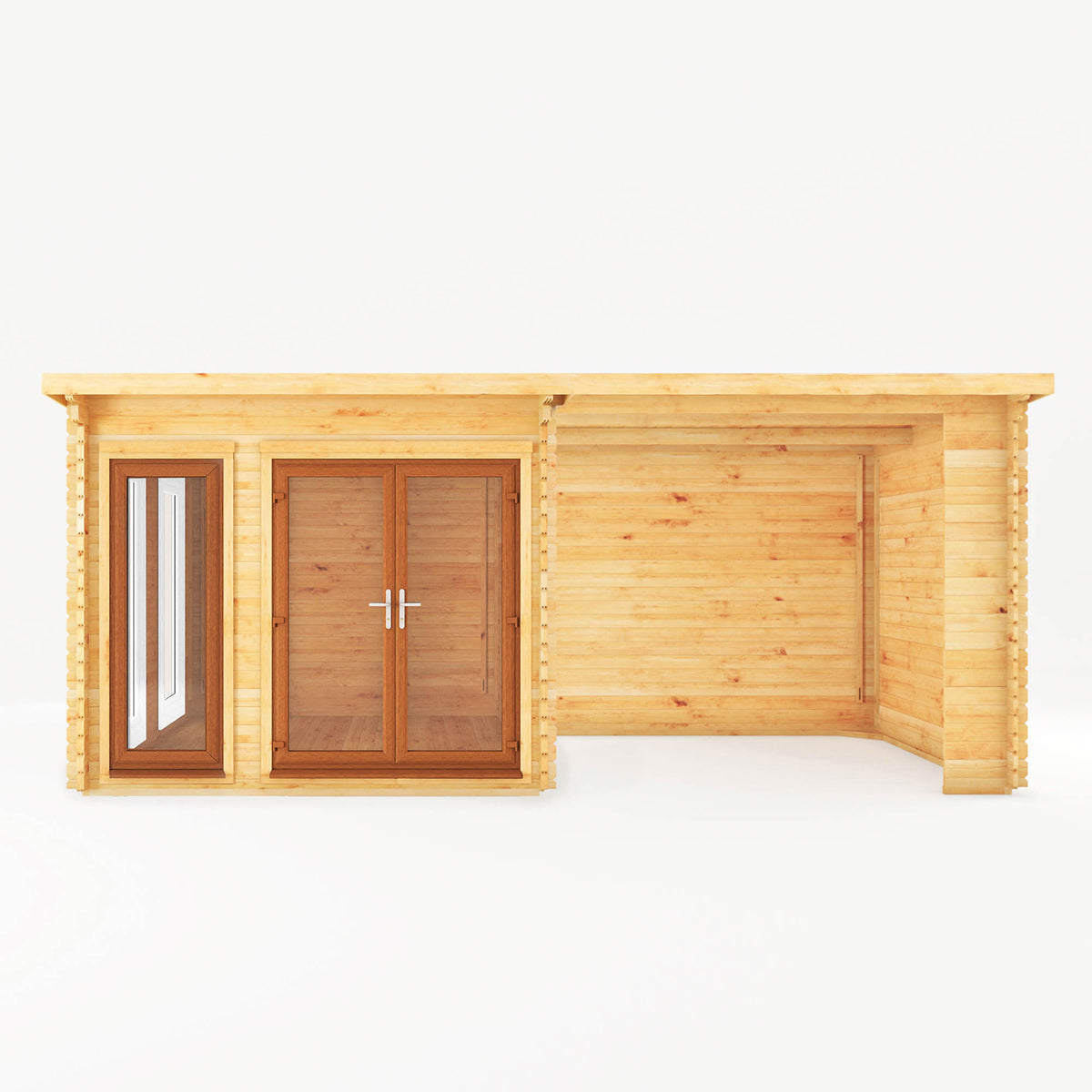 6m x 3m Studio Pent Log Cabin With Patio Area - 44mm (UPVC Windows & Door) - Oak