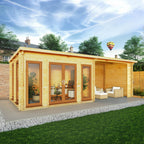7m x 3m Studio Pent Log Cabin With Patio Area - 44mm (UPVC Windows & Door) - Oak