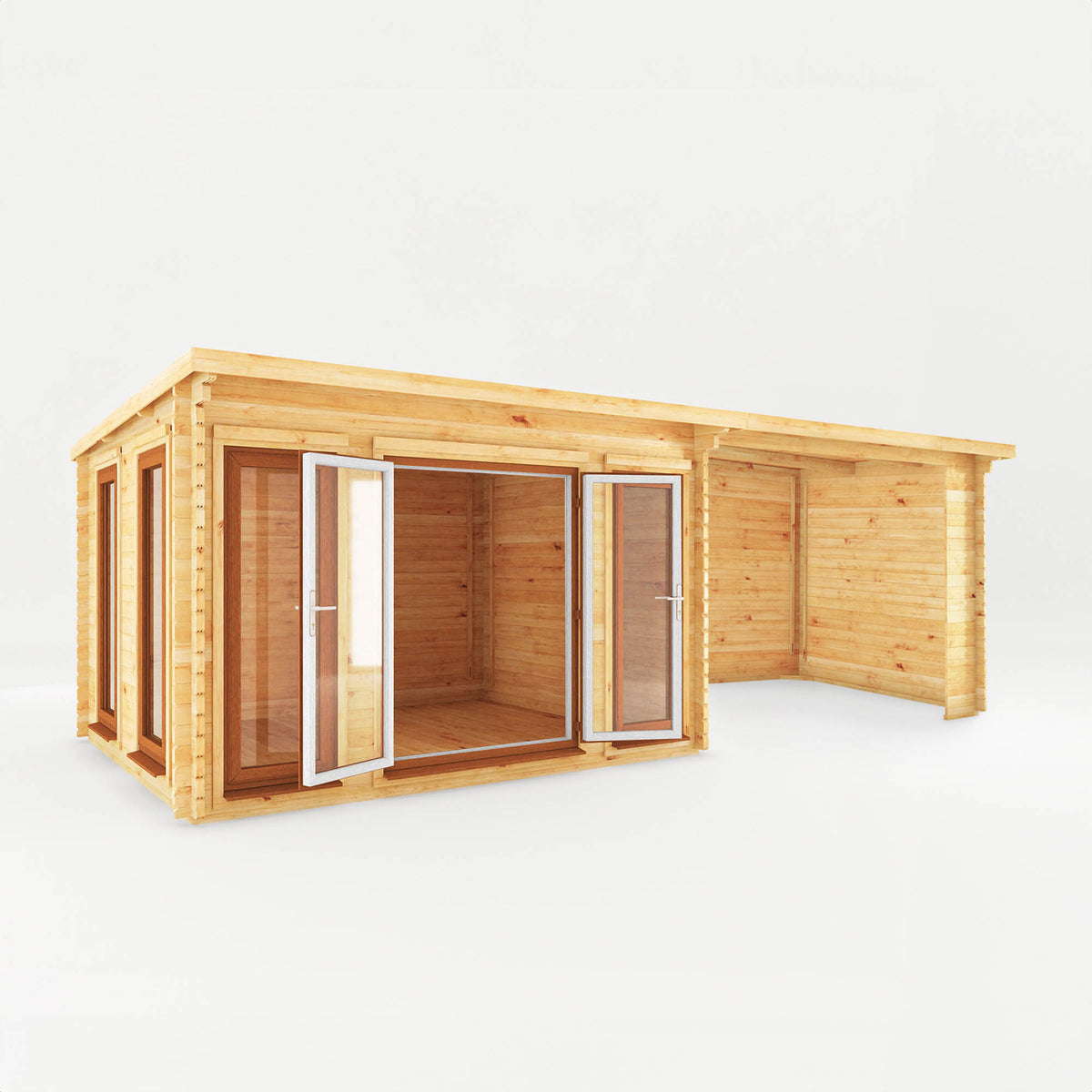 7m x 3m Studio Pent Log Cabin With Patio Area - 44mm (UPVC Windows & Door) - Oak
