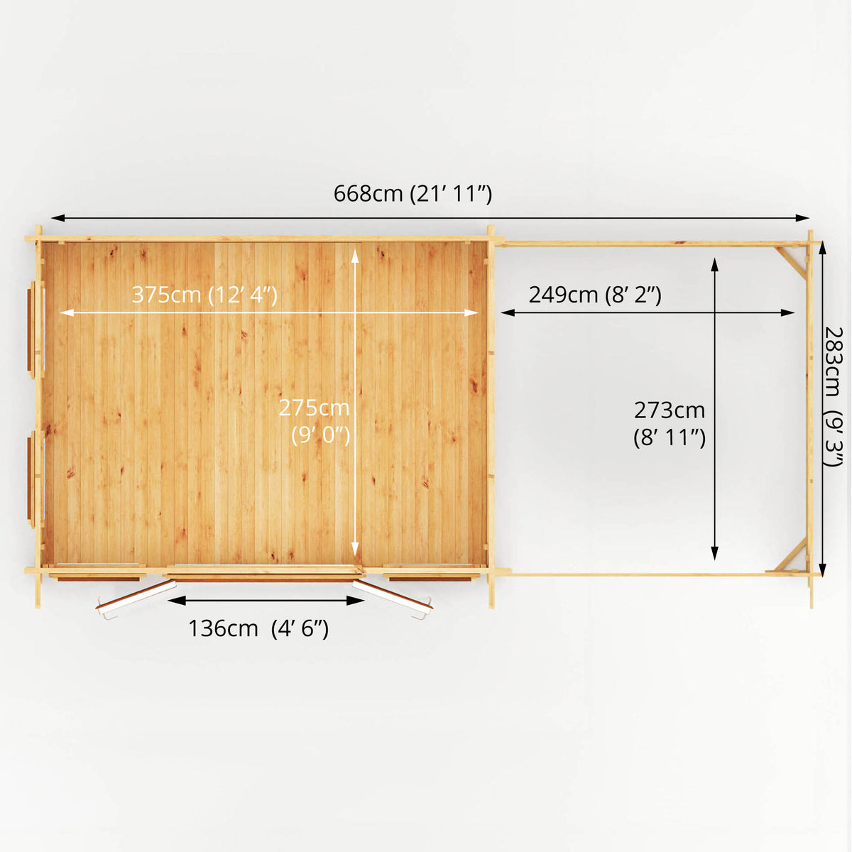 7m x 3m Studio Pent Log Cabin With Patio Area - 44mm (UPVC Windows & Door) - Oak
