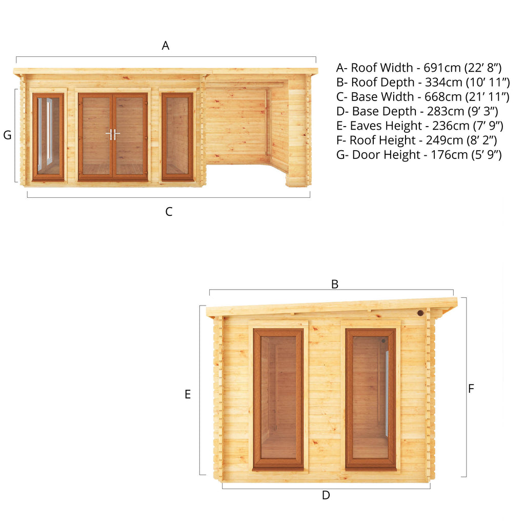 7m x 3m Studio Pent Log Cabin With Patio Area - 44mm (UPVC Windows & Door) - Oak