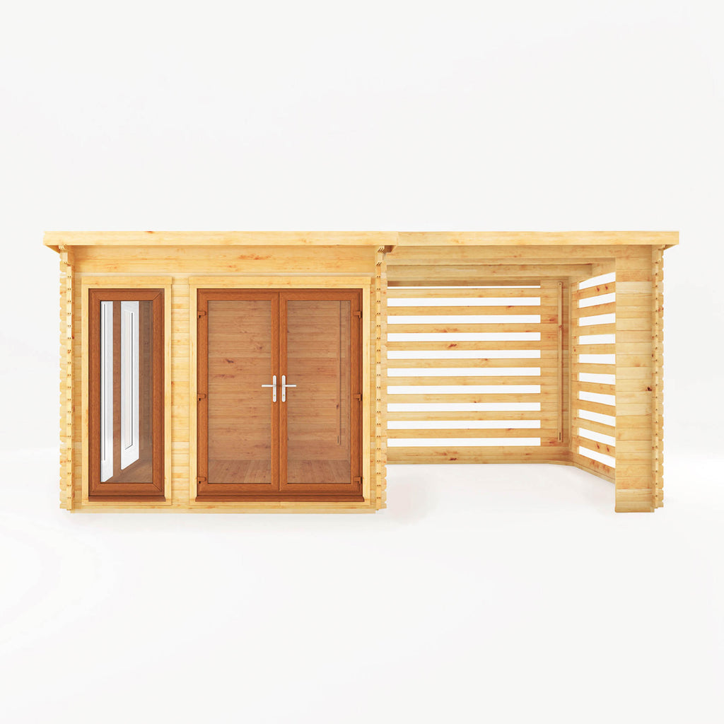6m x 3m Studio Pent Log Cabin With Slatted Area - 44mm (UPVC Windows & Door) - Oak