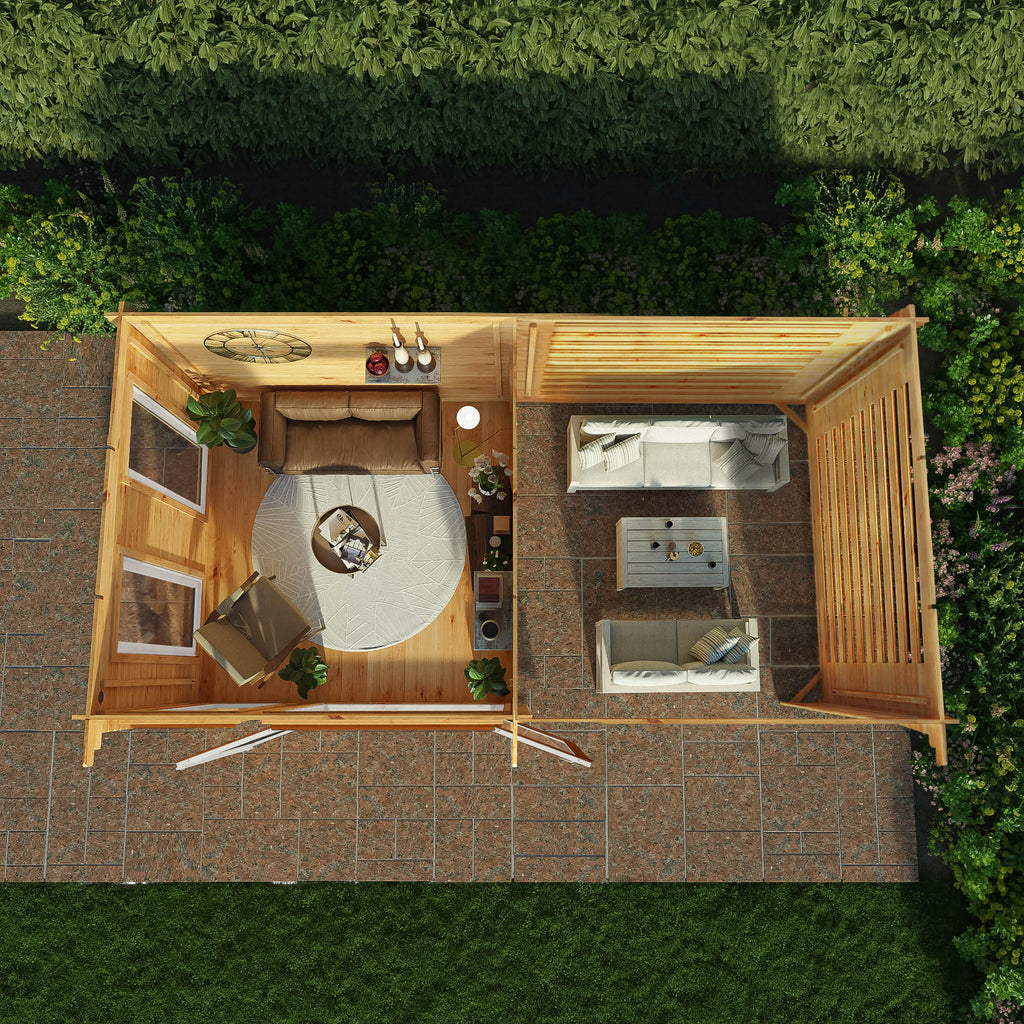 6m x 3m Studio Pent Log Cabin With Slatted Area - 44mm (UPVC Windows & Door) - Oak