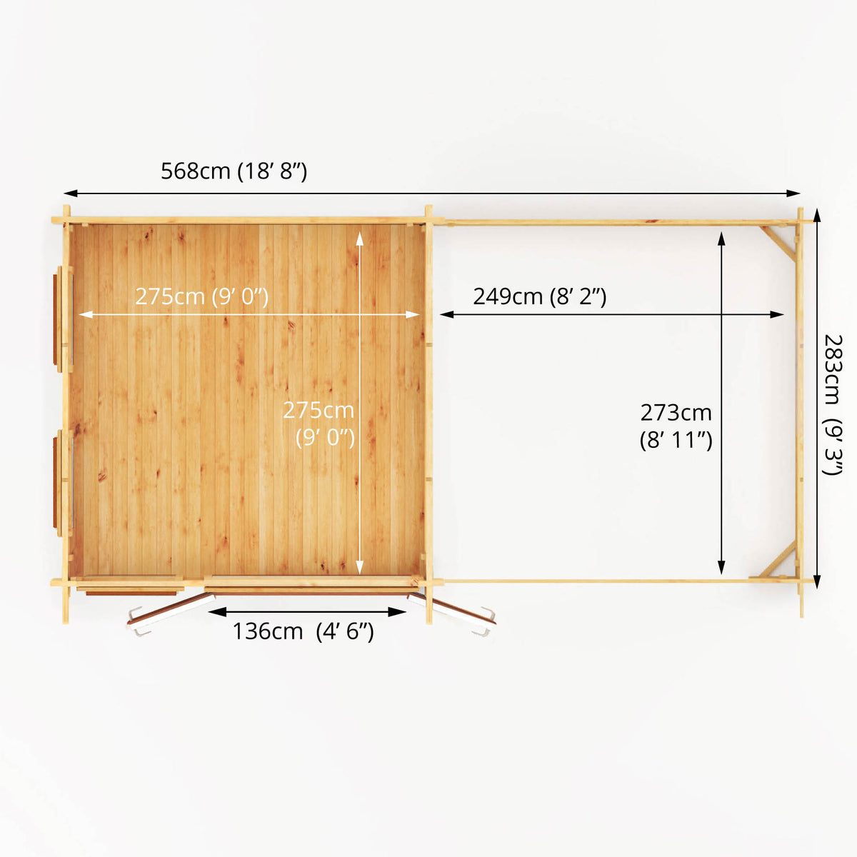 6m x 3m Studio Pent Log Cabin With Slatted Area - 44mm (UPVC Windows & Door) - Oak